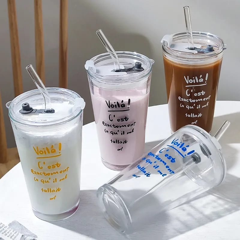 Round Transparent Borosilicate Drinking Glass Cup/Tumbler with lid + Straw 